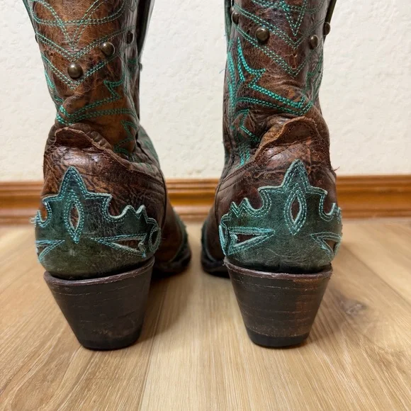 Corral Brown and Turquoise Embellished & Embroidered Snip Toe Western Boots - Picture 4 of 11